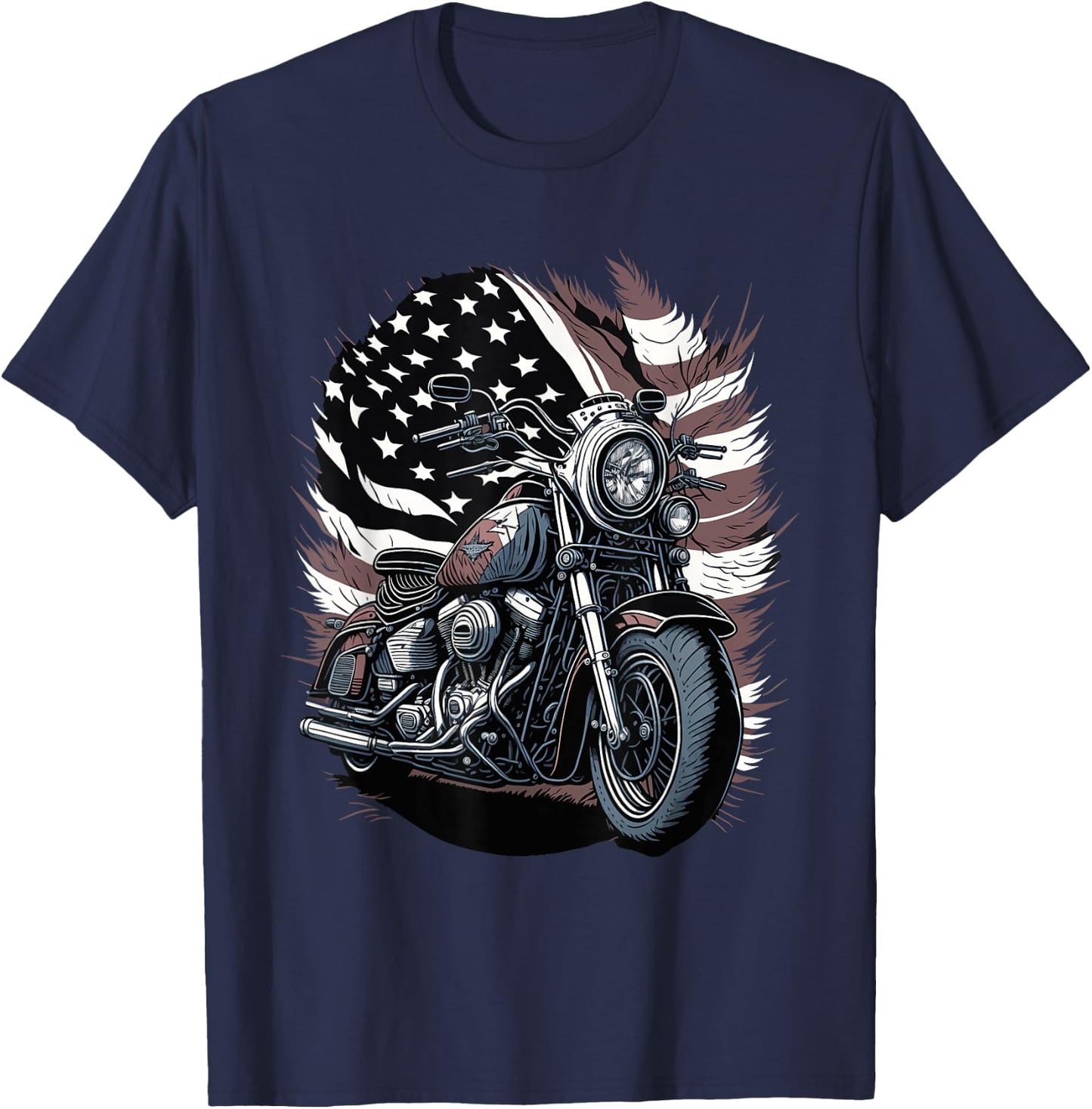 Motorcycle Vintage American Flag 4th of July Retro Biker T-Shirt - T-Shirt | Navy