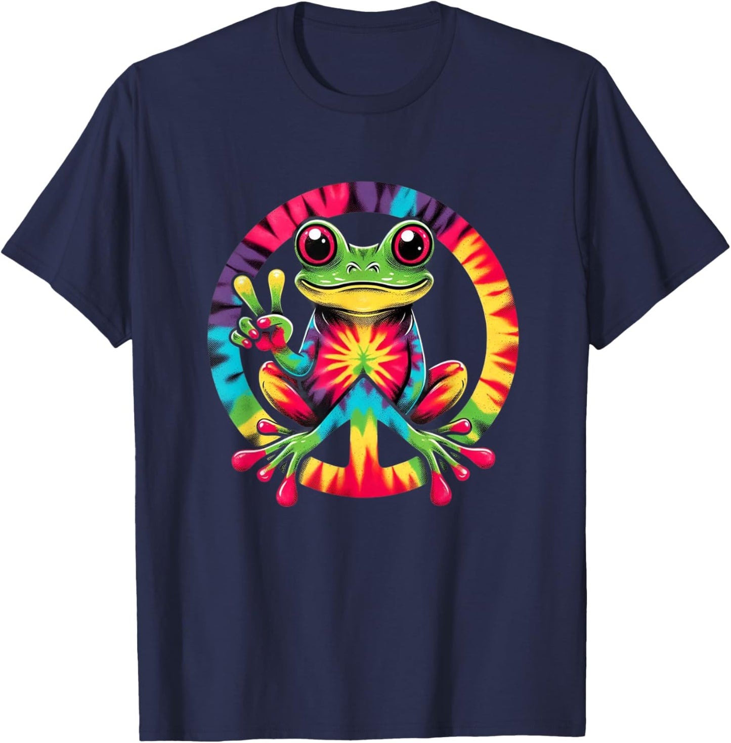 Colorful Tie Dye Collection Tie-Dye Frog Holding Peace Sign Funny Hippie T-Shirt - T-Shirt | Navy