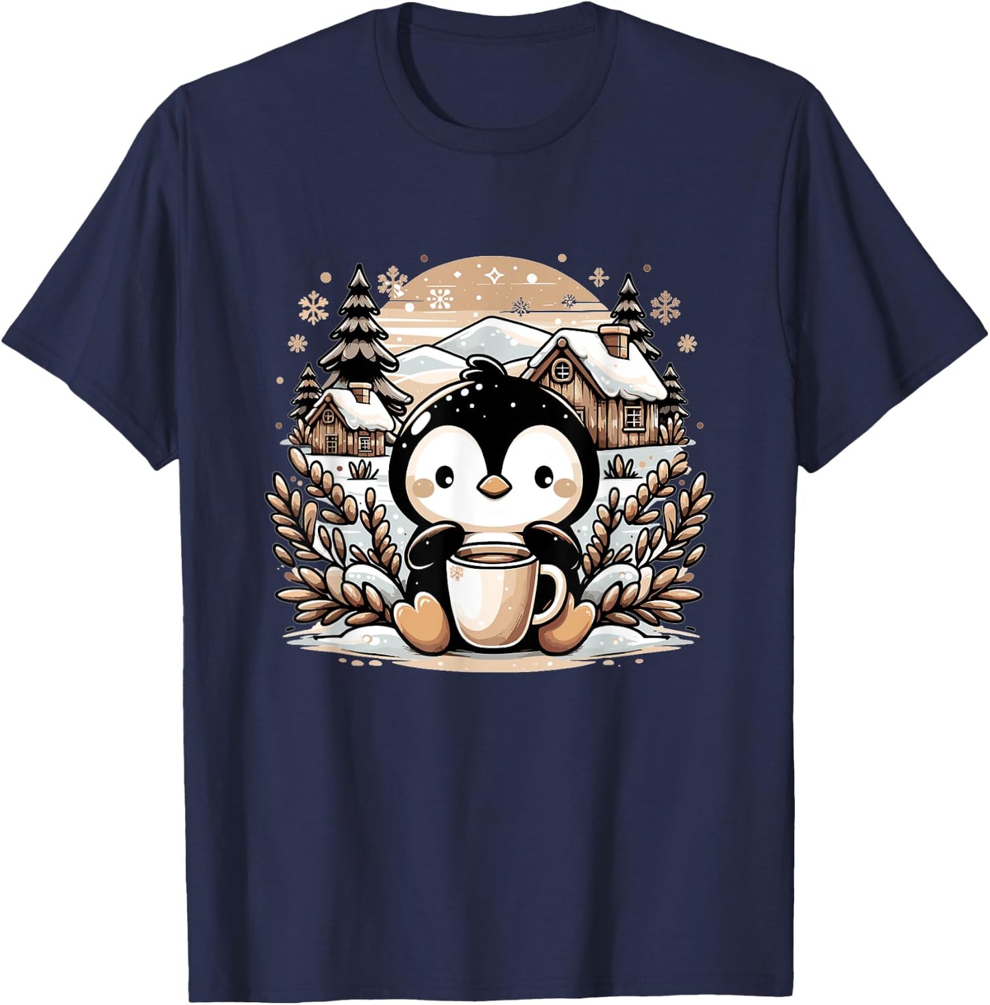 Penguin Coffee Winter Christmas Cute Funny Penguin T-Shirt - T-Shirt | Navy