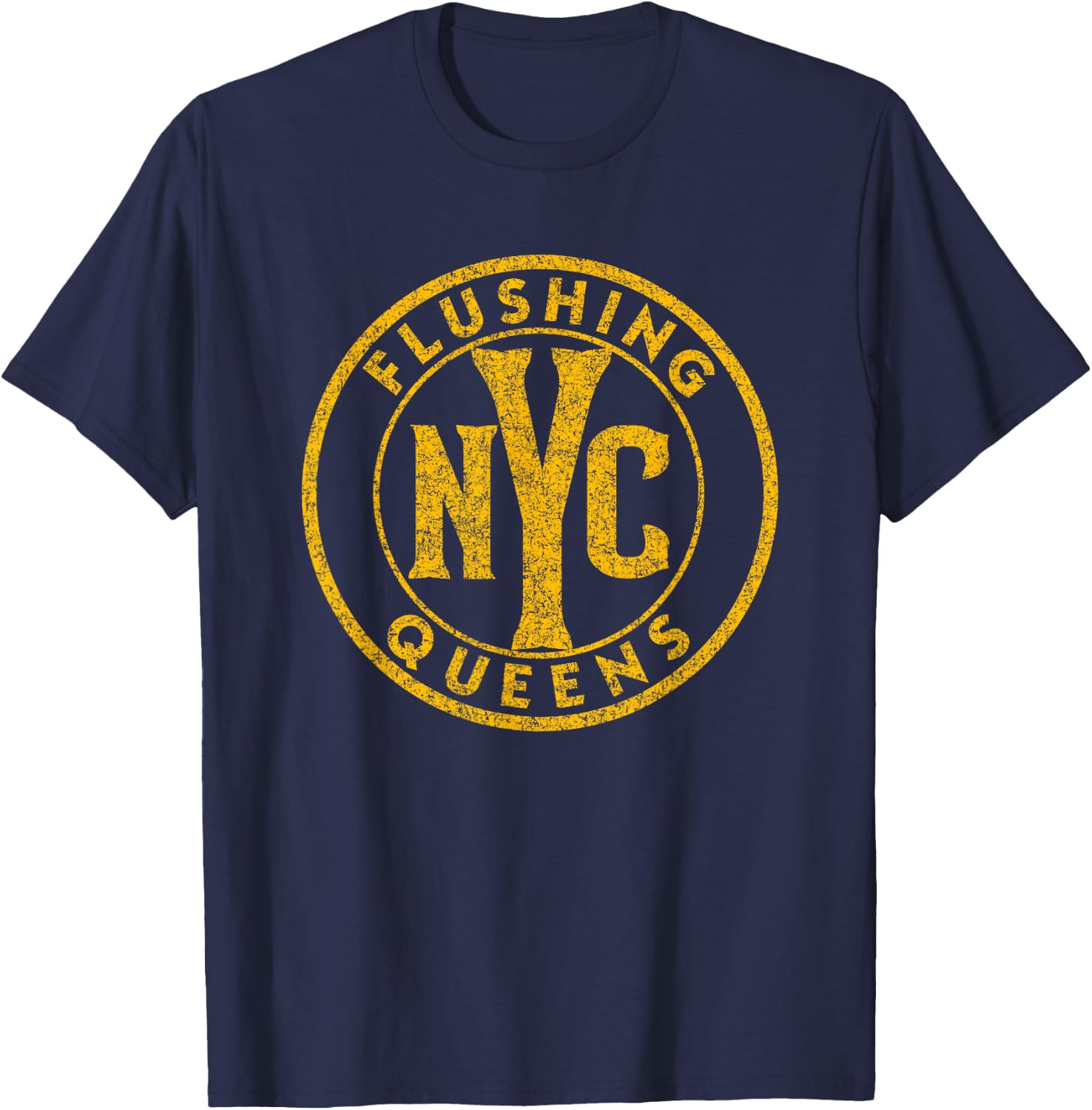 Flushing Queens NYC Circle Sign Distressed Amber Print T-Shirt - T-Shirt | Navy