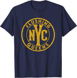 Flushing Queens NYC Circle Sign Distressed Amber Print T-Shirt - T-Shirt | Navy