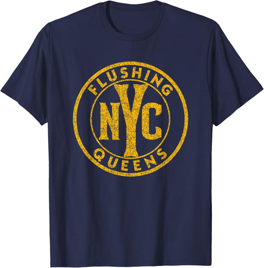 Flushing Queens NYC Circle Sign Distressed Amber Print T-Shirt - T-Shirt | Navy