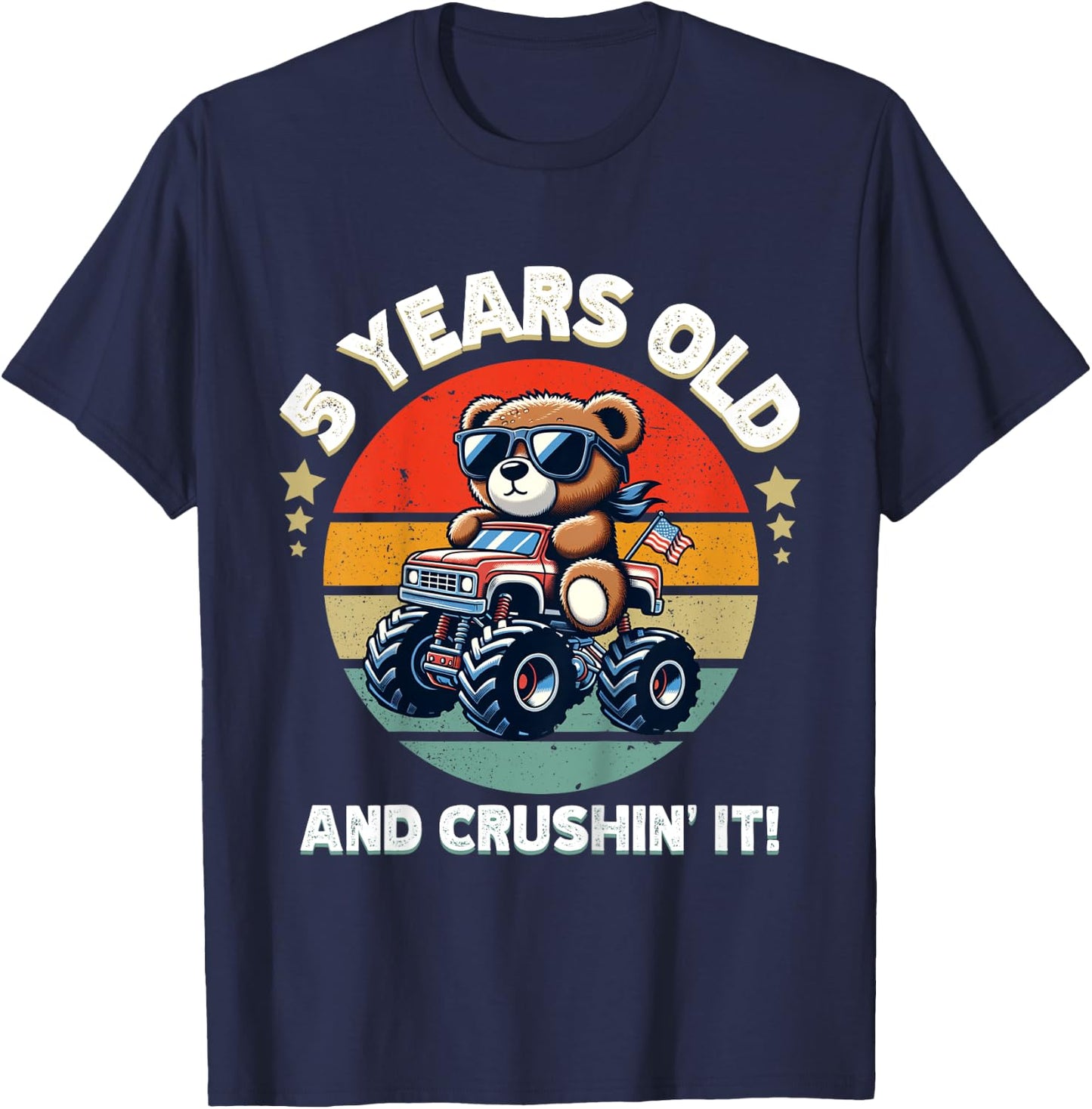 Kids Retro 5th Birthday Monster Truck Teddy Bear Crushin' It Boys T-Shirt - T-Shirt | Navy