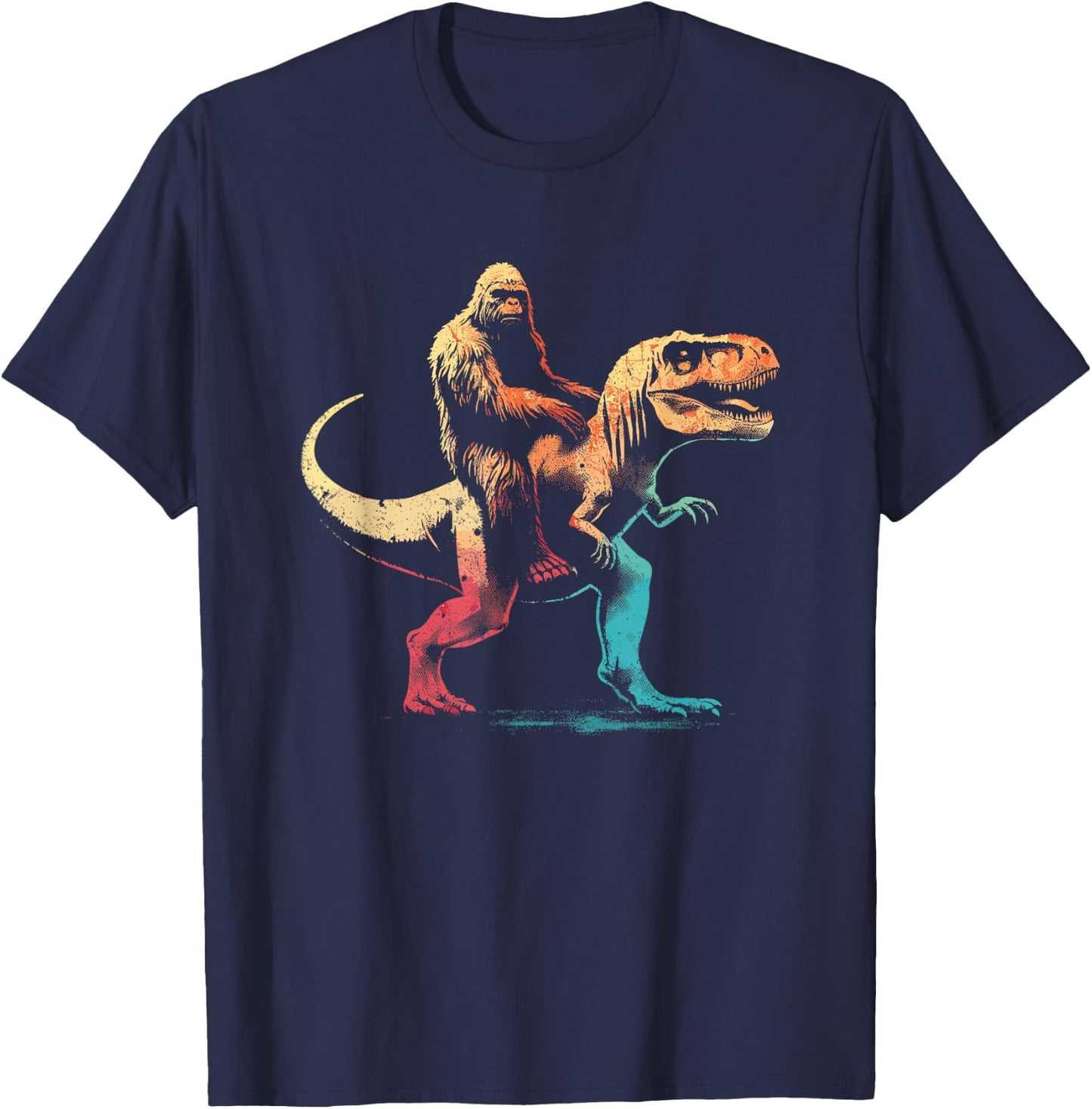 Bigfoot Riding A T-Rex - Funny Graphic Dino Sasquatch Lover T-Shirt - T-Shirt | Navy