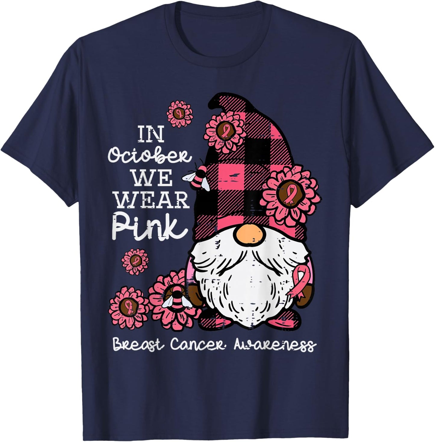 Breast Cancer Awareness Gnome October Wear Pink Women Men T-Shirt - T-Shirt | Navy