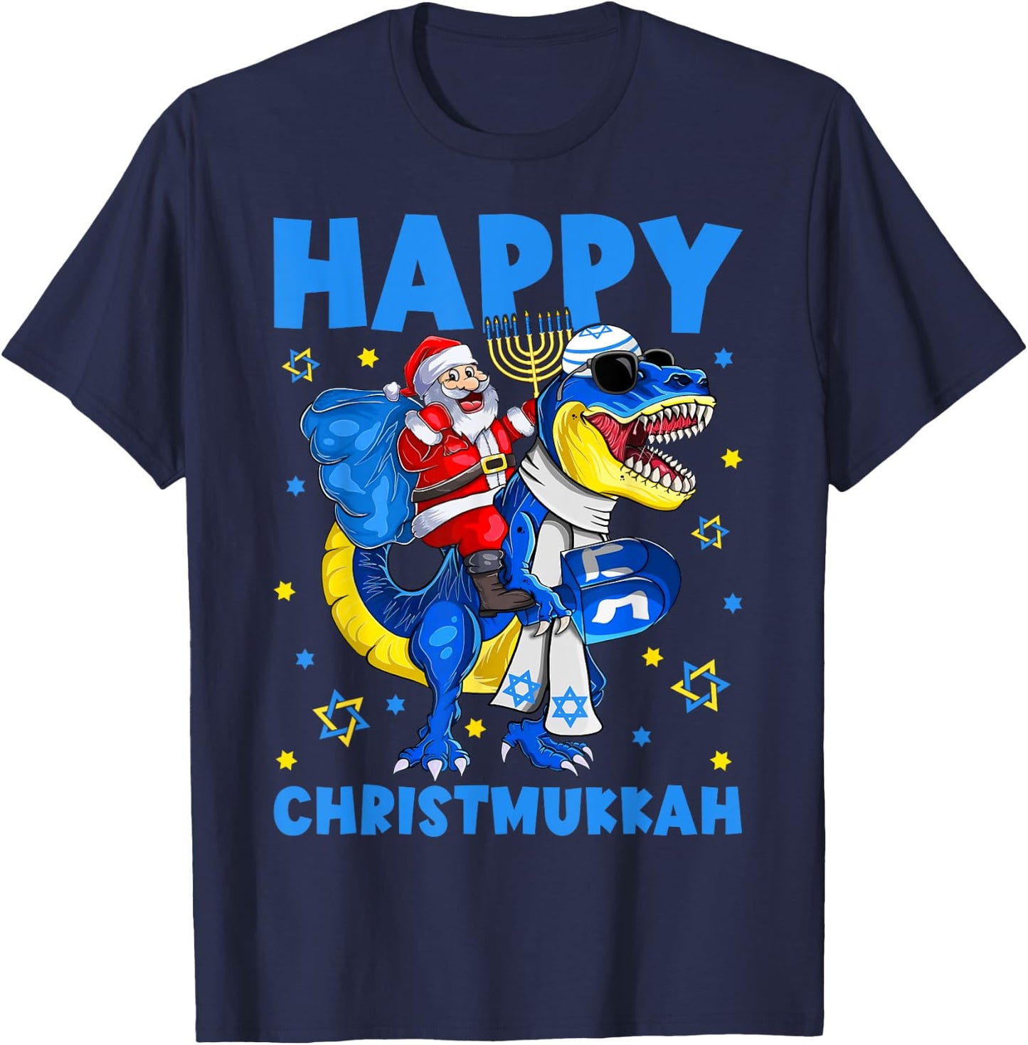 Happy Christmukkah Santa Rides Jewish T Rex Menorah Chanukah T-Shirt - T-Shirt | Navy