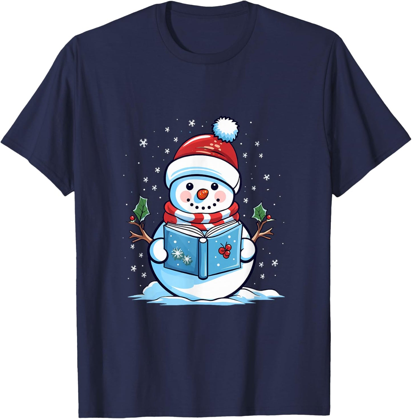 Snowman Reading Book Christmas T-Shirt - T-Shirt | Navy