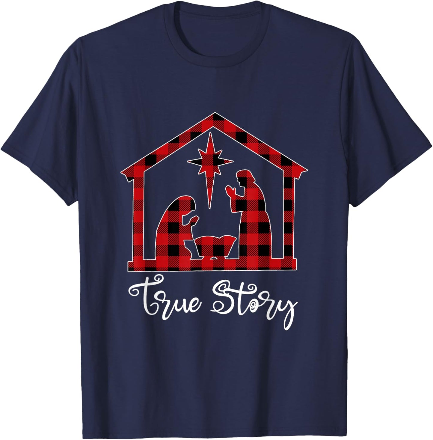 True Story Christmas Manger Nativity Scene Buffalo Plaid T-Shirt - T-Shirt | Navy