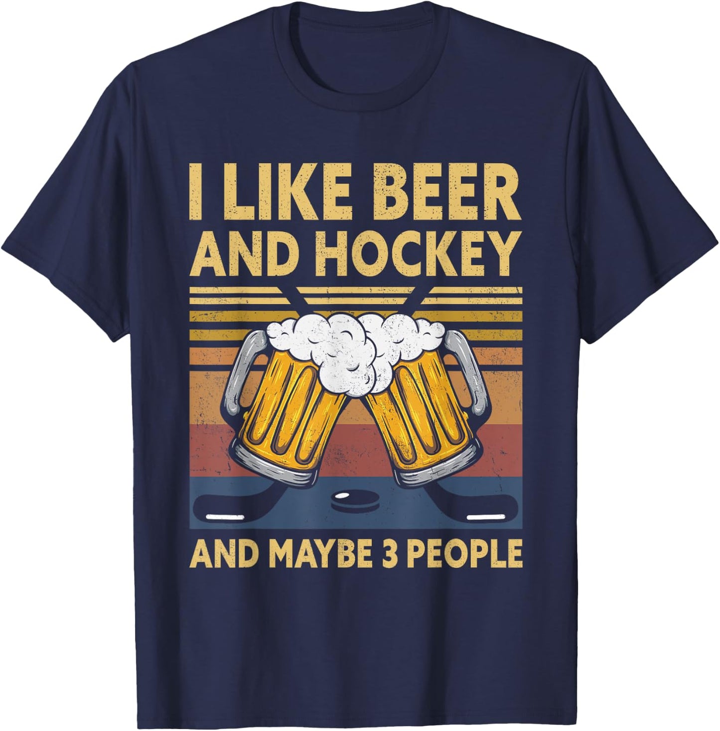 1970s Retro Vintage I Like Beer Hockey And Maybe 3 People T-Shirt - T-Shirt | Navy