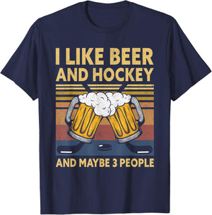 1970s Retro Vintage I Like Beer Hockey And Maybe 3 People T-Shirt - T-Shirt | Navy