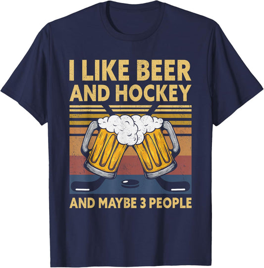 1970s Retro Vintage I Like Beer Hockey And Maybe 3 People T-Shirt - T-Shirt | Navy