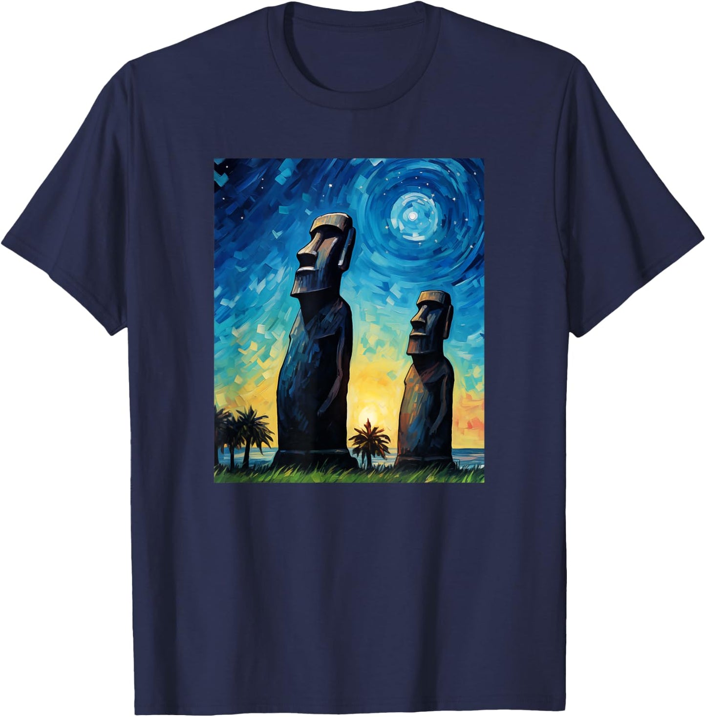 Stone Guardians Moai Sculptures Easter Island Watercolor T-Shirt - T-Shirt | Navy