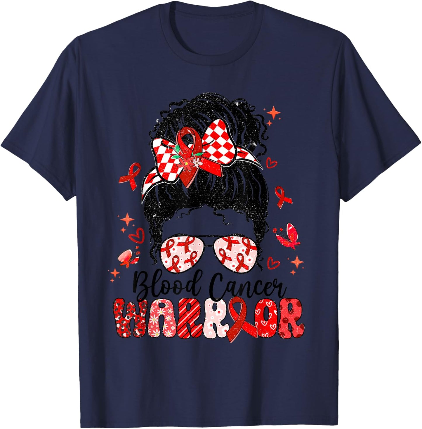Warrior Messy Bun Red Ribbon Blood Cancer Awareness T-Shirt - T-Shirt | Navy