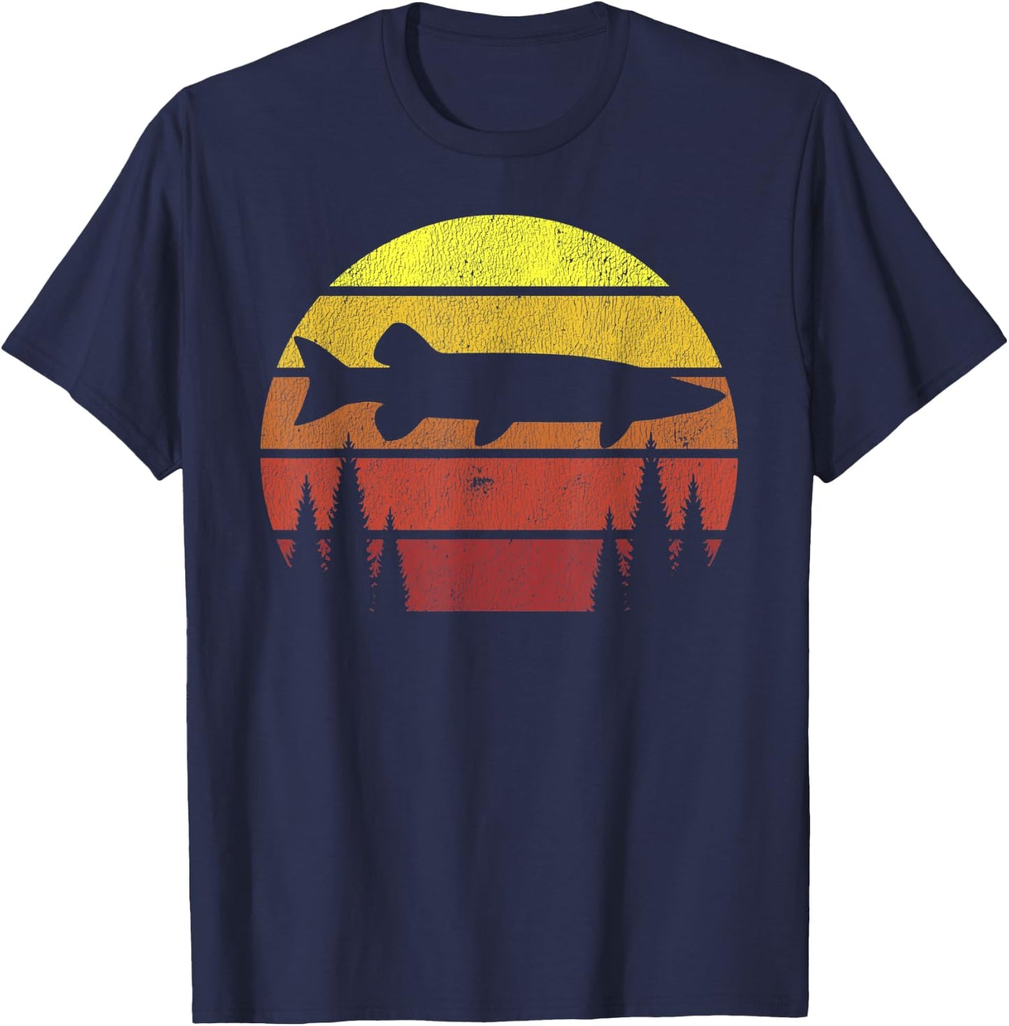Musky Fishing Retro Muskie Forest Treeline - Fisherman T-Shirt - T-Shirt | Navy