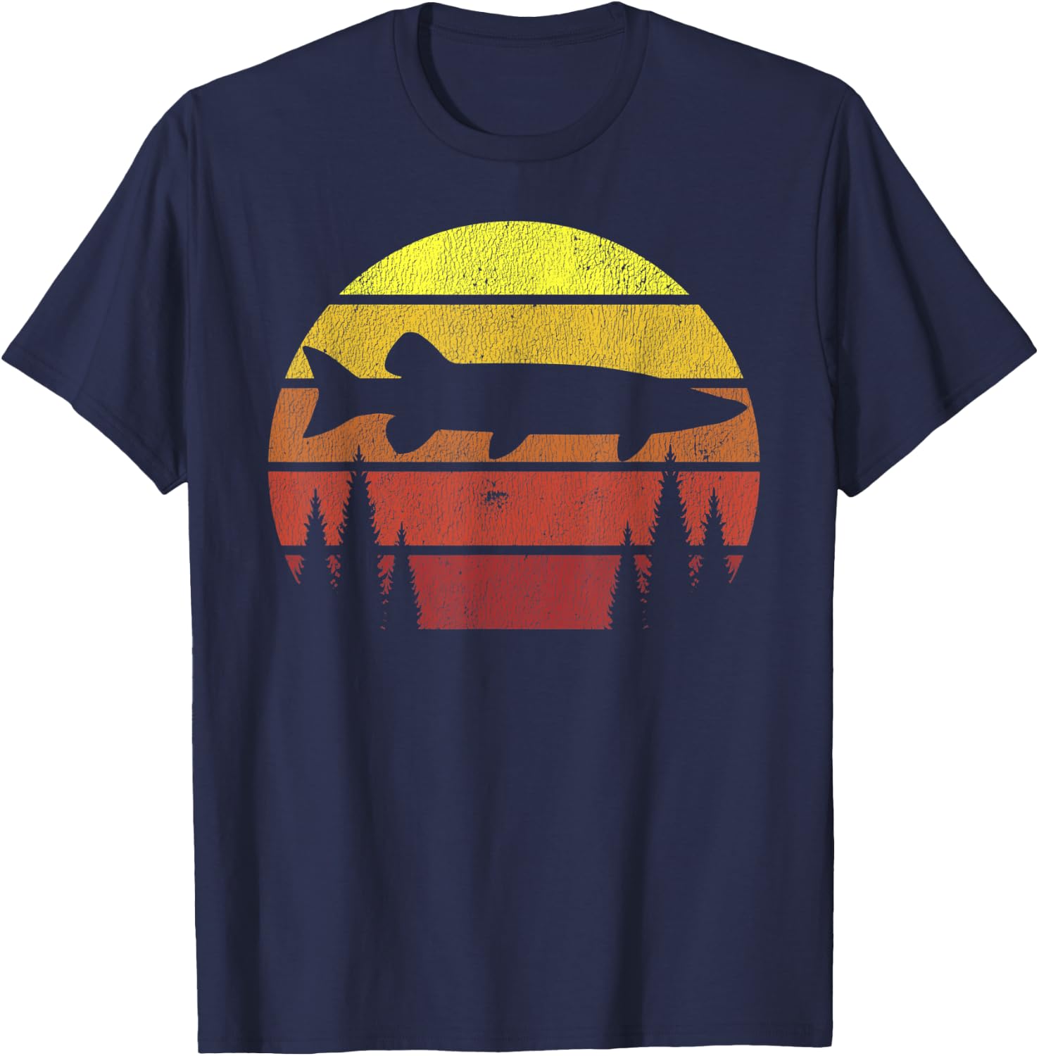 Musky Fishing Retro Muskie Forest Treeline - Fisherman T-Shirt - T-Shirt | Navy