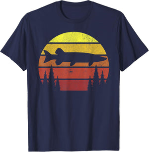 Musky Fishing Retro Muskie Forest Treeline - Fisherman T-Shirt - T-Shirt | Navy