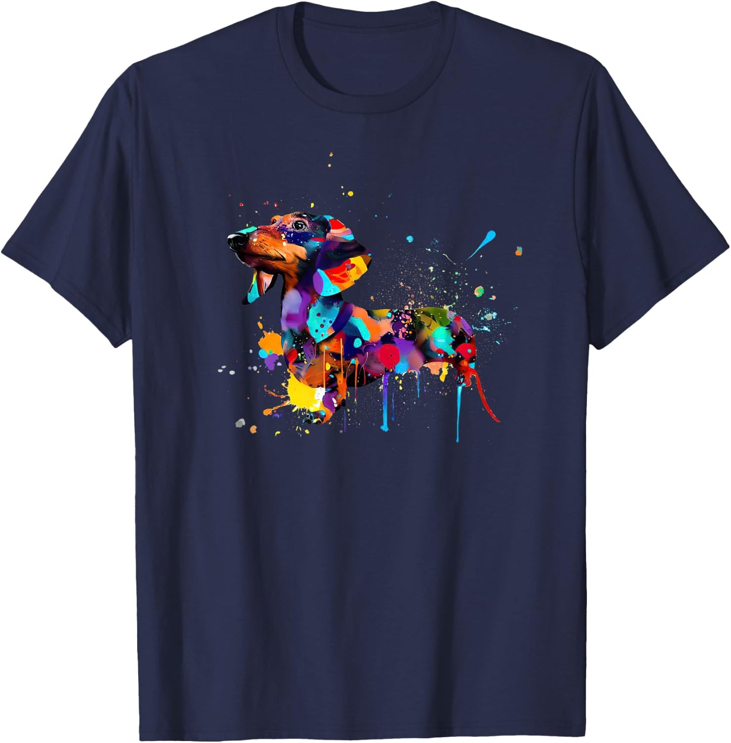 Dachshund Colorful Splashes Paint, Abstract Art Dog Men Women Girls Kids T-Shirt - T-Shirt | Navy