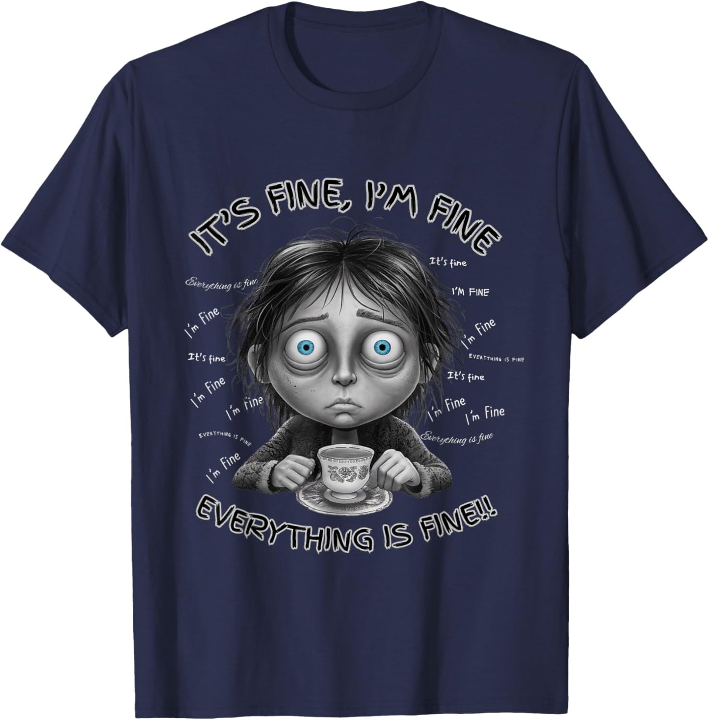 Exhausted Parent Funny Moody Coffee Chaos Cartoon Design T-Shirt - T-Shirt | Navy