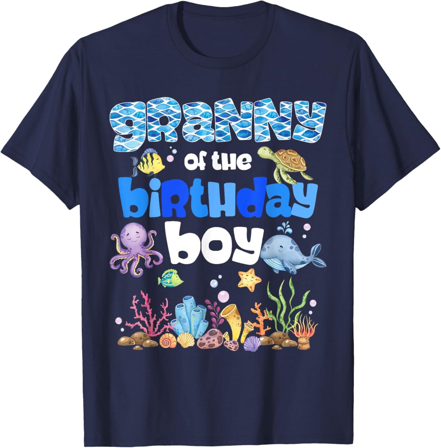 Granny Of The Birthday Boy Sea Fish Ocean Animals Aquarium T-Shirt - T-Shirt | Navy