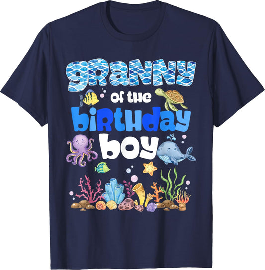 Granny Of The Birthday Boy Sea Fish Ocean Animals Aquarium T-Shirt - T-Shirt | Navy