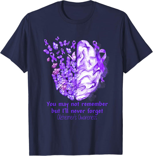 Alzheimer's awareness, Dementia gift, Purple Butterfiles T-Shirt - T-Shirt | Navy