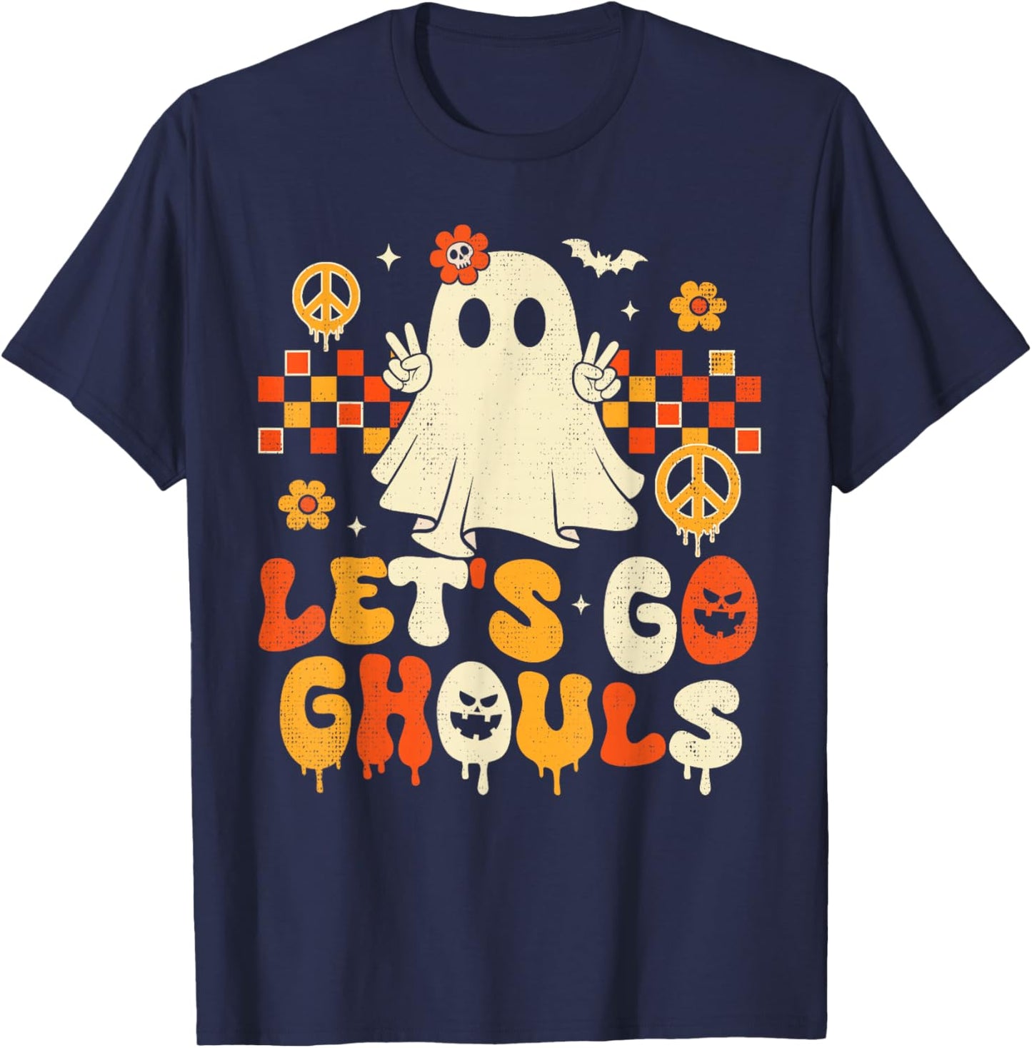 Halloween Lets Go Ghouls Ghost Retro Groovy Women Girl Kids T-Shirt - T-Shirt | Navy
