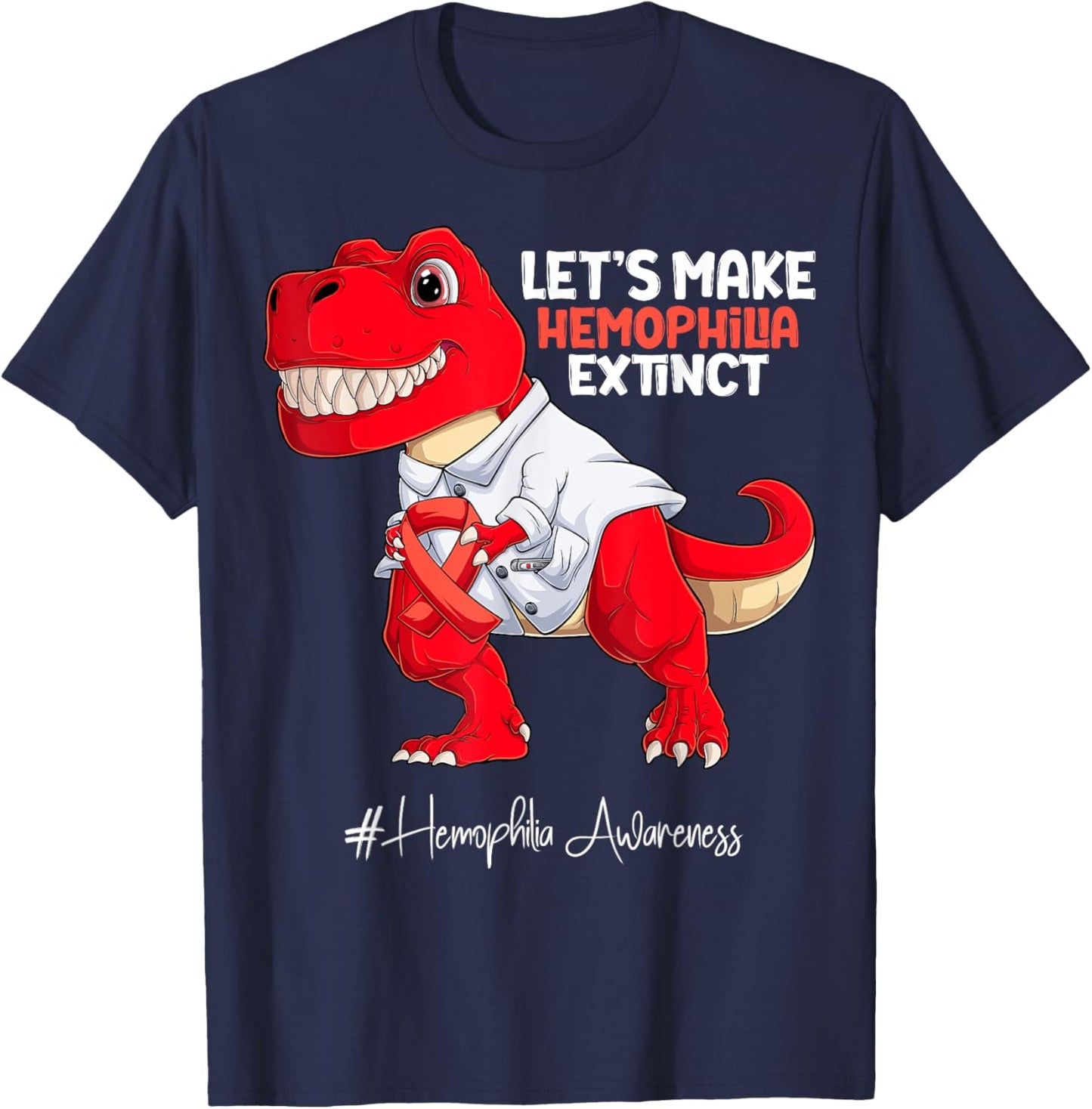 Red Ribbon Trex Hemophilia Awareness T-Shirt - T-Shirt | Navy