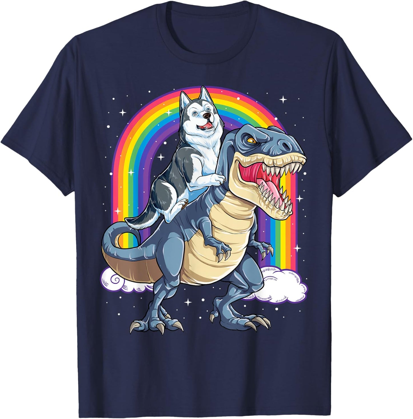 Siberian Husky Riding Dinosaur T-rex Gifts Boys Kids Rainbow T-Shirt - T-Shirt | Navy
