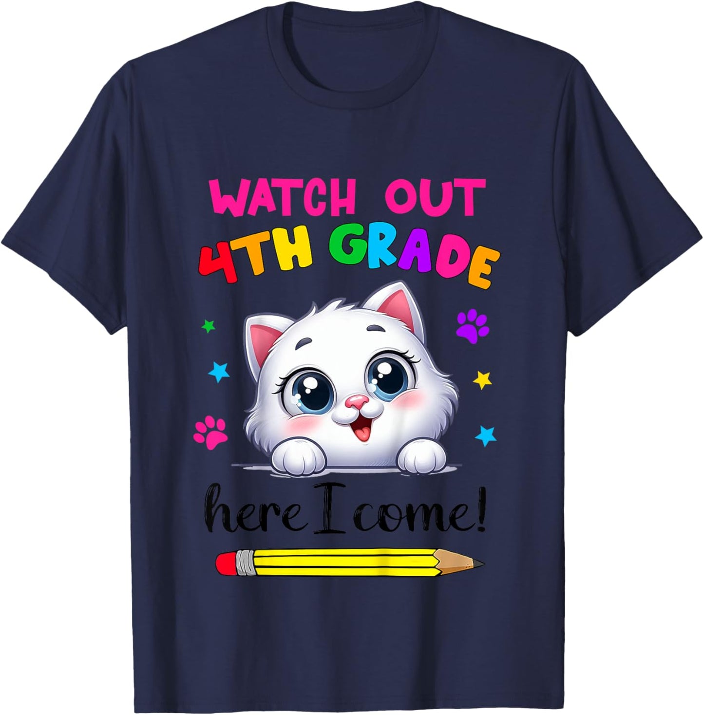 Kids Watch Out 4th Grade Here I Come Girls Cat Back To School T-Shirt - T-Shirt | Navy