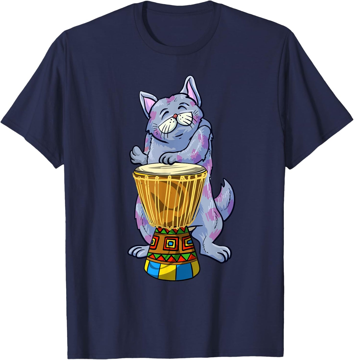 Funny Cat Playing Djembe Gift | Cute Kitten Musician Fan T-Shirt - T-Shirt | Navy