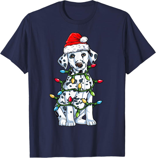 Dalmatian Santa Christmas Tree Lights Xmas Boys Dog Dogmas T-Shirt - T-Shirt | Navy