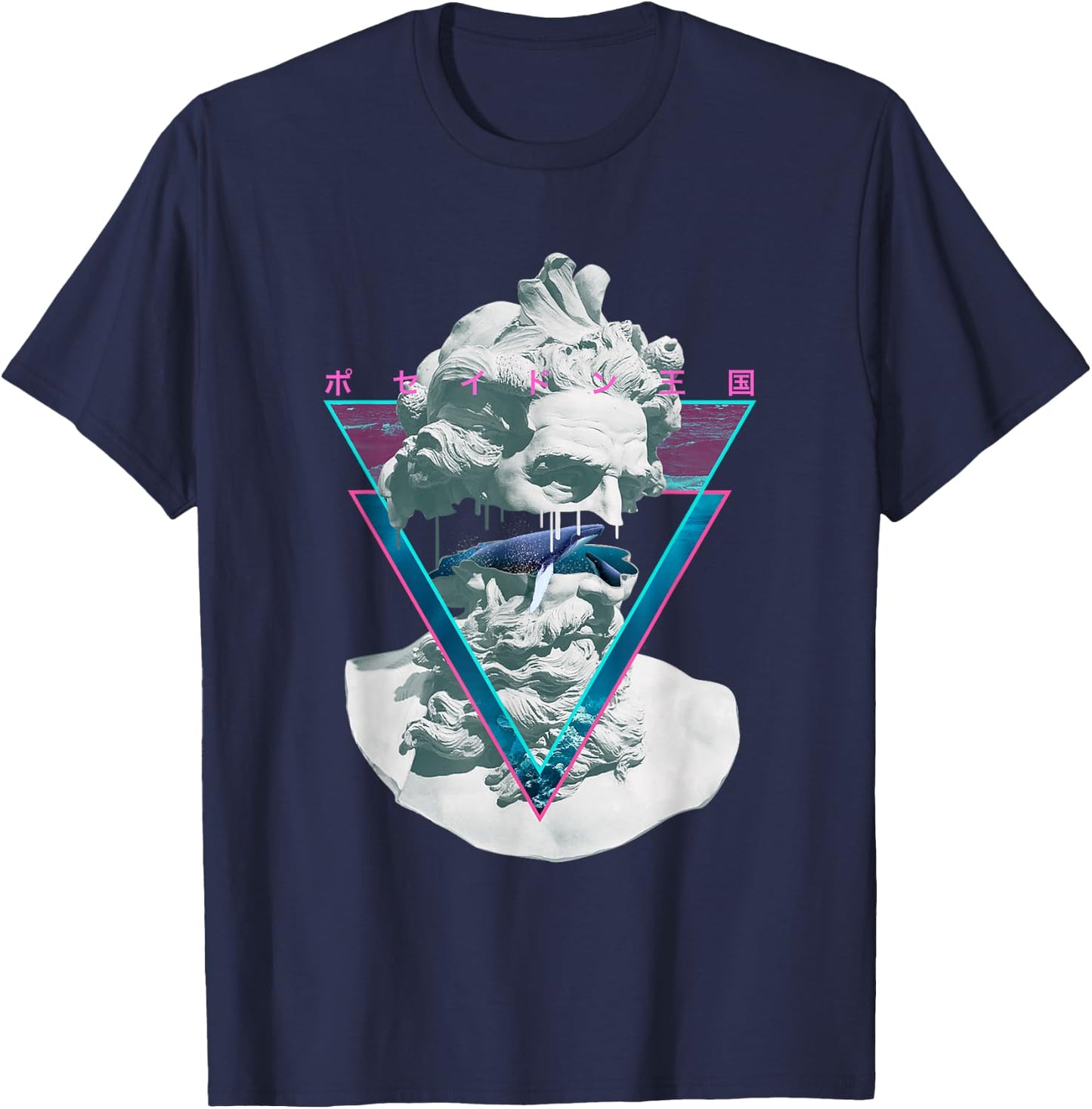 Vaporwave Poseiden Statue Bust Retro 80s King Of The Sea Art T-Shirt - T-Shirt | Navy