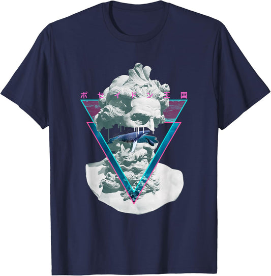 Vaporwave Poseiden Statue Bust Retro 80s King Of The Sea Art T-Shirt - T-Shirt | Navy