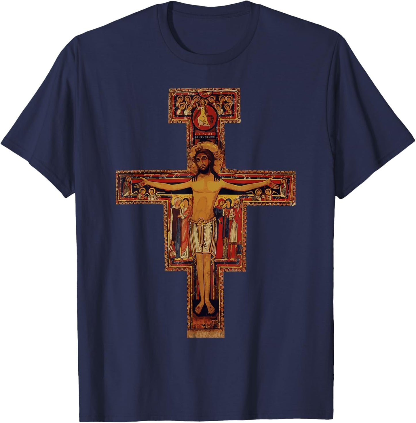 Happy Catholics Catholic Francis of Assisi San Damiano Cross - Black, Adult, Short Sleeve, Modern Religious Style, Casual, Size Small T-Shirt - T-Shirt | Navy