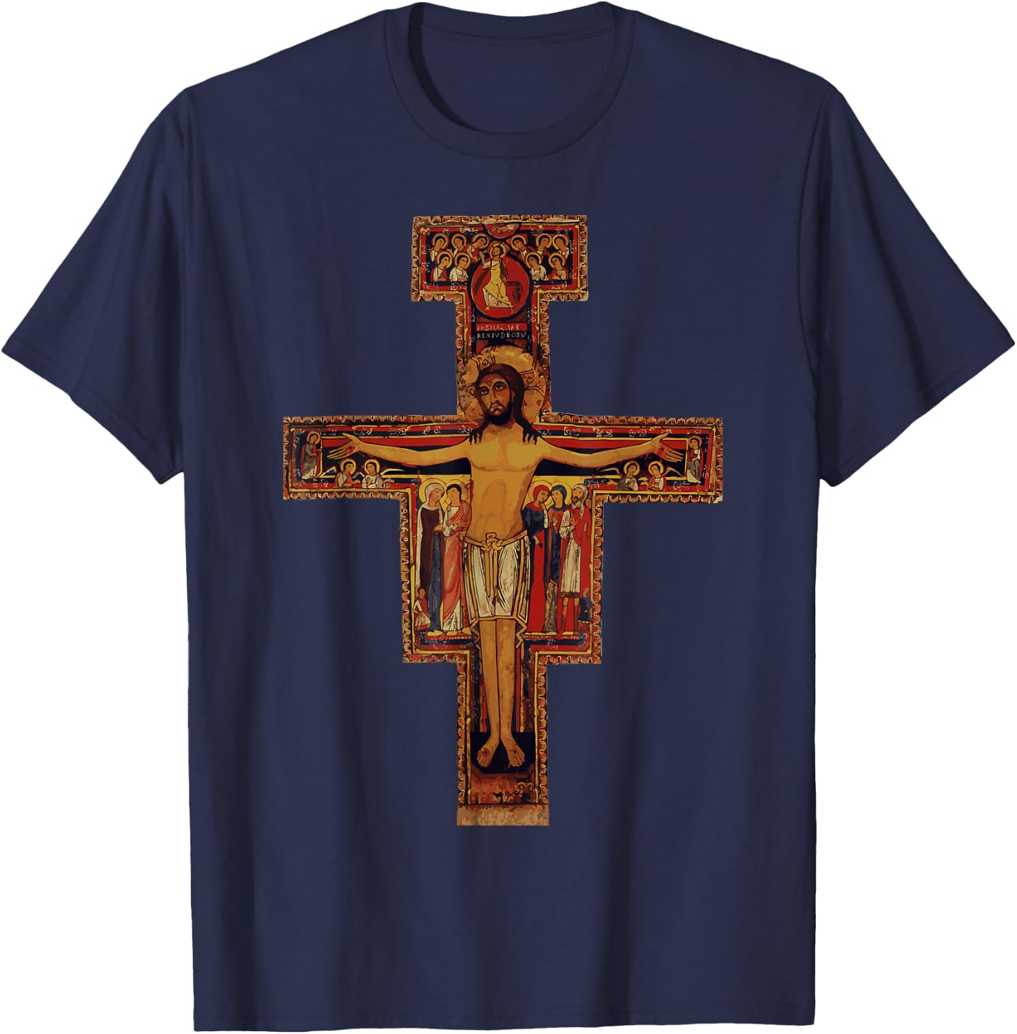 Happy Catholics Catholic Francis of Assisi San Damiano Cross - Black, Adult, Short Sleeve, Modern Religious Style, Casual, Size Small T-Shirt - T-Shirt | Navy