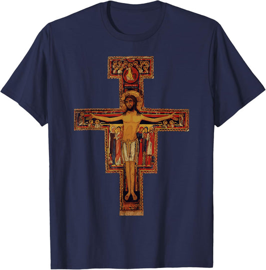 Happy Catholics Catholic Francis of Assisi San Damiano Cross - Black, Adult, Short Sleeve, Modern Religious Style, Casual, Size Small T-Shirt - T-Shirt | Navy