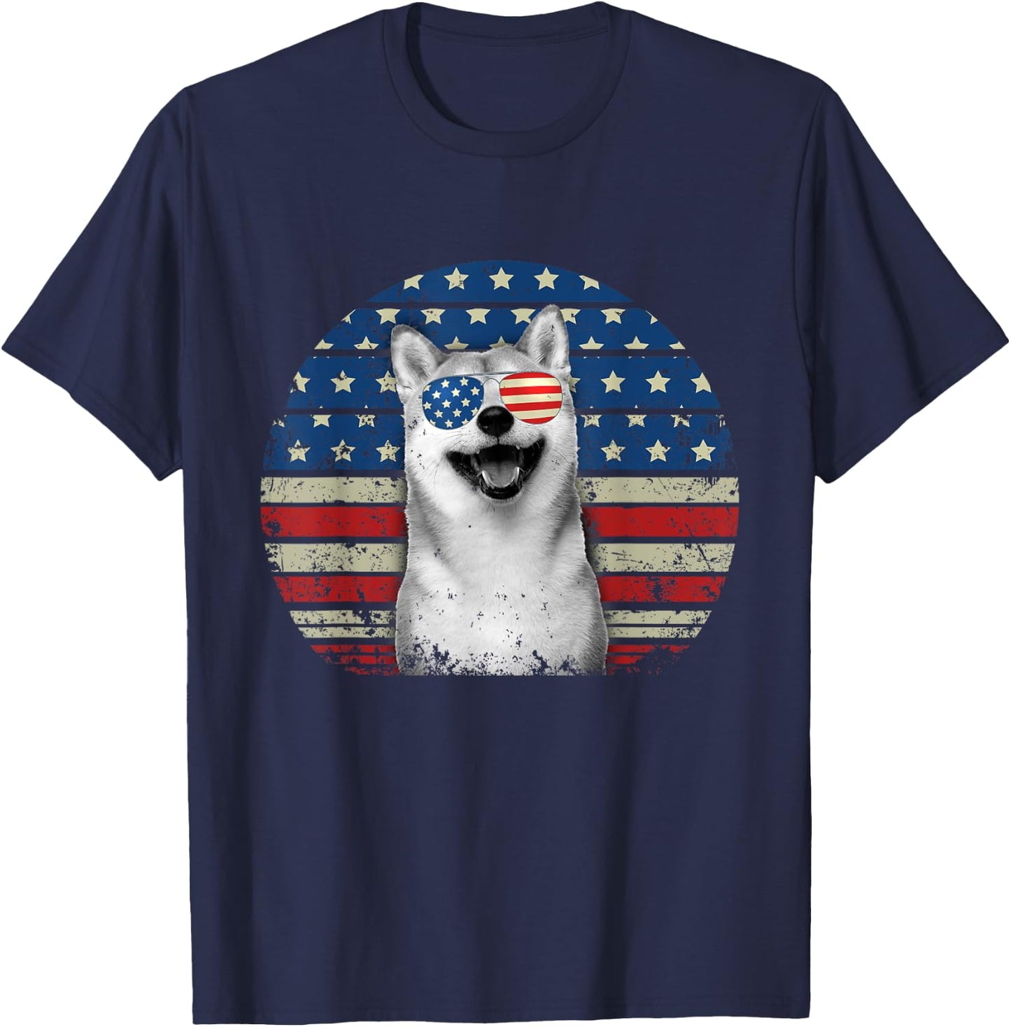 Retro Patriotic Shiba Inu American Flag Dog Lover T-Shirt - T-Shirt | Navy