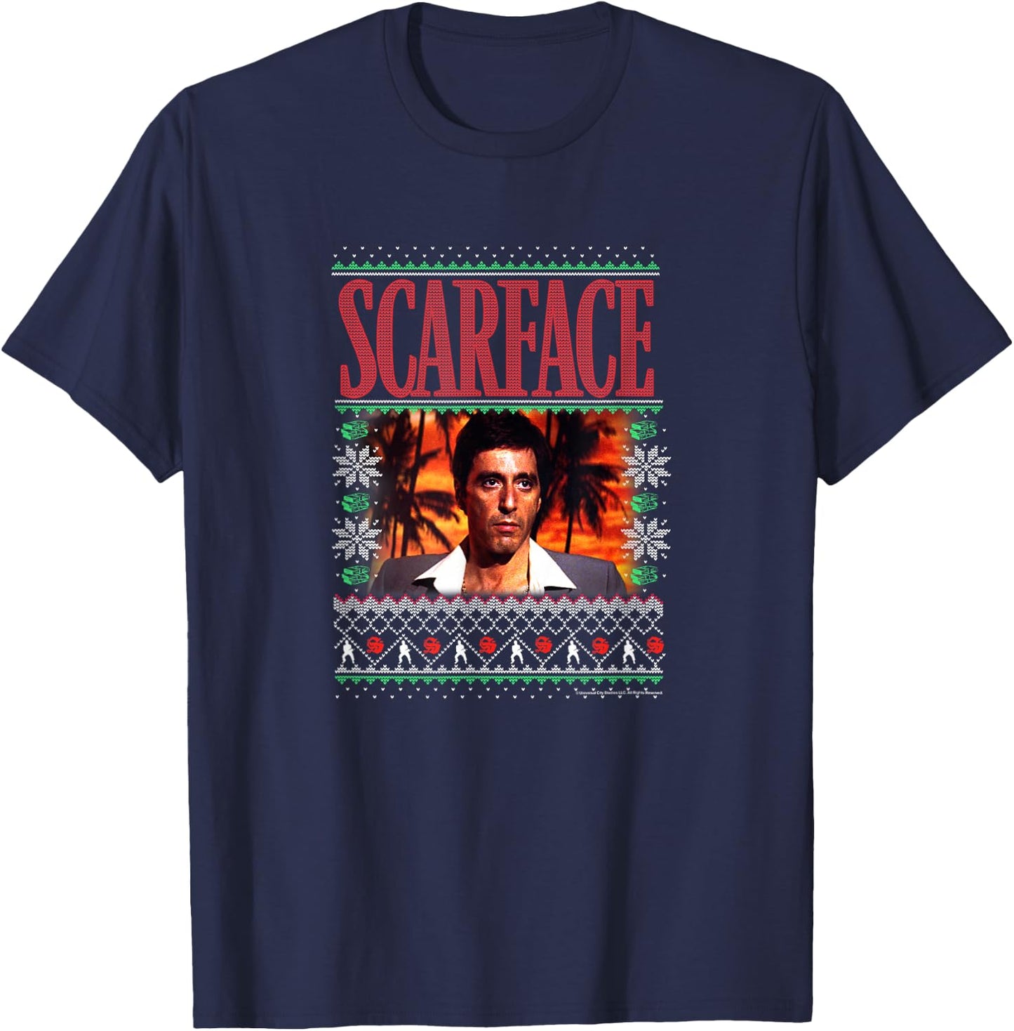 Scarface Christmas Style Knit Design T-Shirt - T-Shirt | Navy