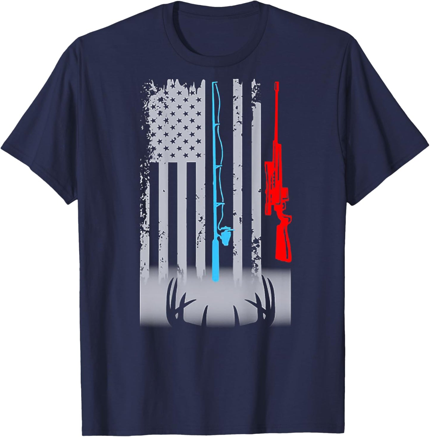 Fishing Rod Shotgun Deer Flag (on back) T-Shirt - T-Shirt | Navy