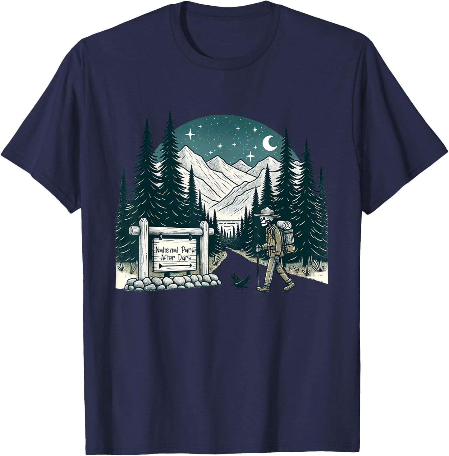 Vintage Retro National Park After Dark Skeleton Hiking Camping Outdoor , Small T-Shirt - T-Shirt | Navy