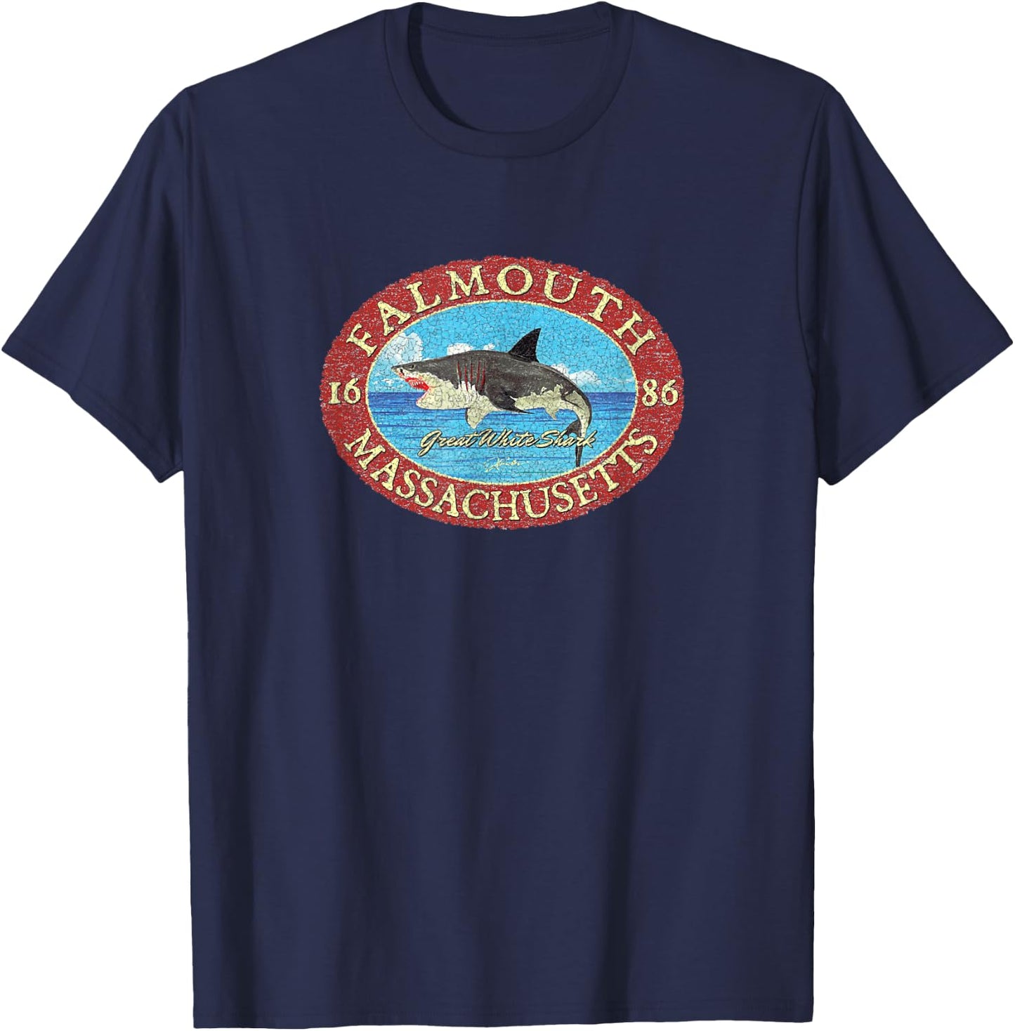 JCombs: Falmouth, MA, Great White Shark and Sea T-Shirt - T-Shirt | Navy