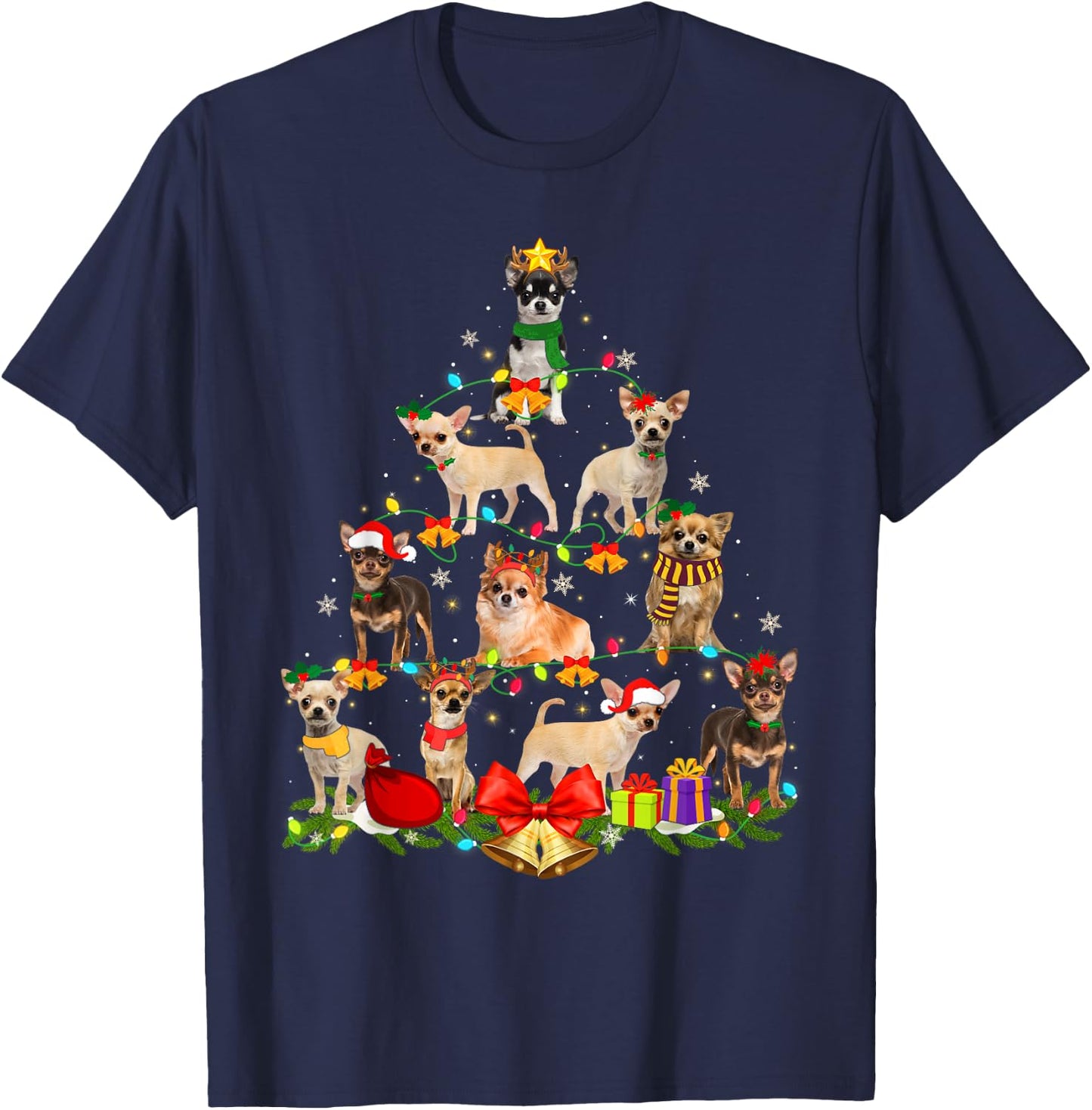 Dog Lover Chihuahua Tree Christmas Light Xmas Pajama Women Kids T-Shirt - T-Shirt | Navy
