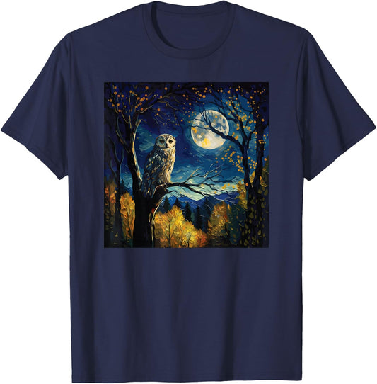 Owl Moon Night Painting Art for Lover Birds Owls T-Shirt - T-Shirt | Navy