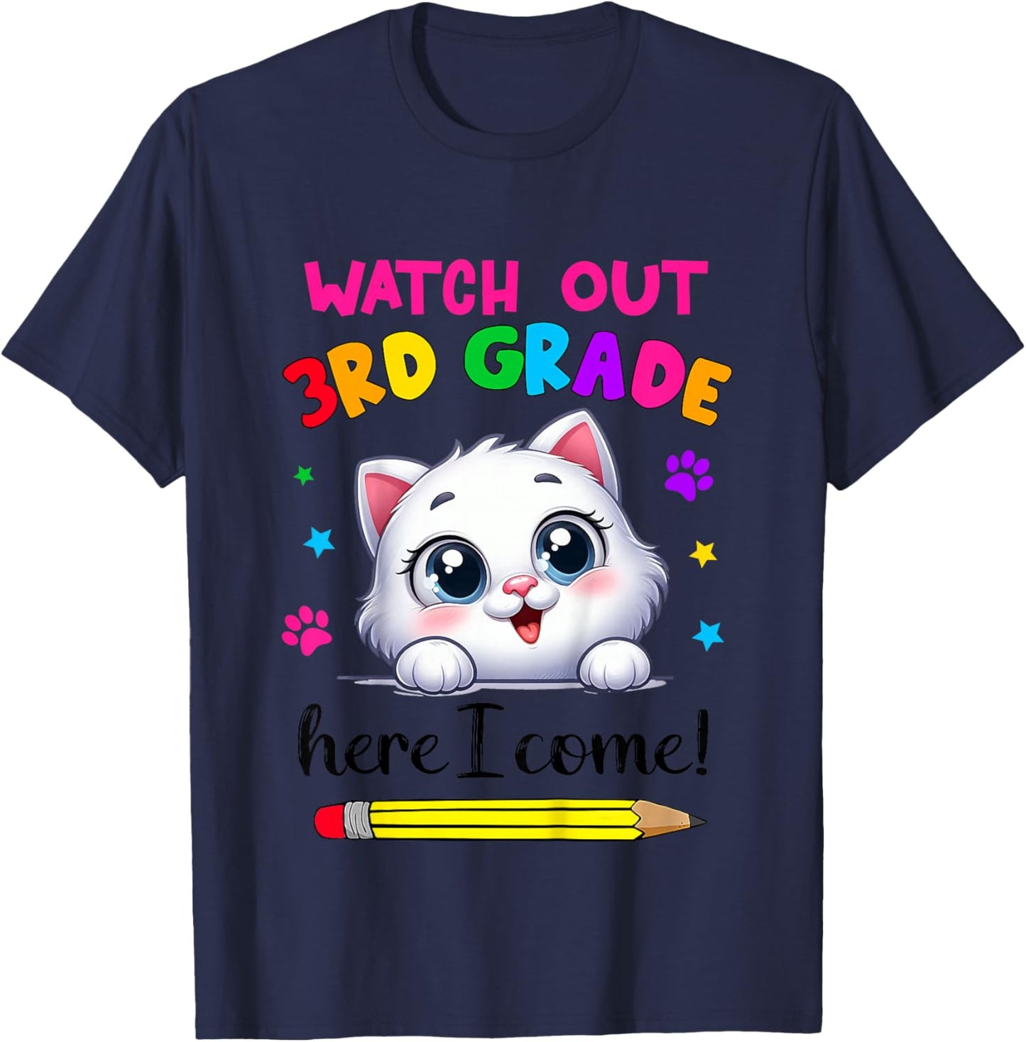 Watch Out 3rd Grade Here I Come Girls Cat Back To School T-Shirt - T-Shirt | Navy