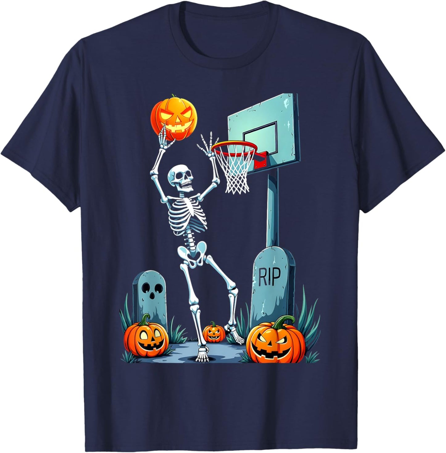 Halloween Basketball Skeleton Pumpkin T-Shirt - T-Shirt | Navy