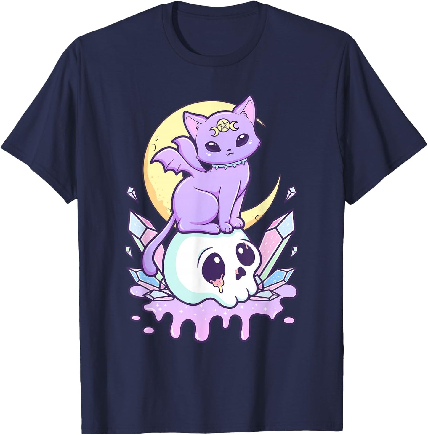 Kawaii Pastel Goth Cute Scary Witchy Cat and Skull T-Shirt - T-Shirt | Navy