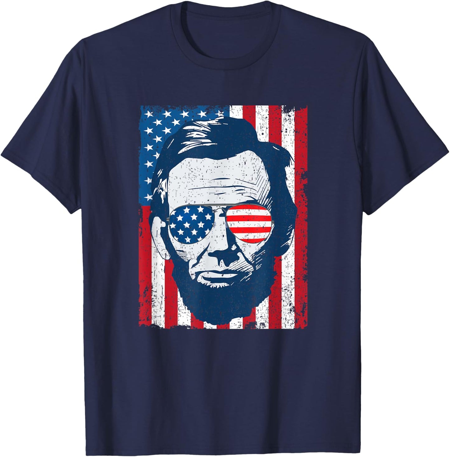 Abe Lincoln Beard Sunglasses & American Flag 4th of July T-Shirt - T-Shirt | Navy