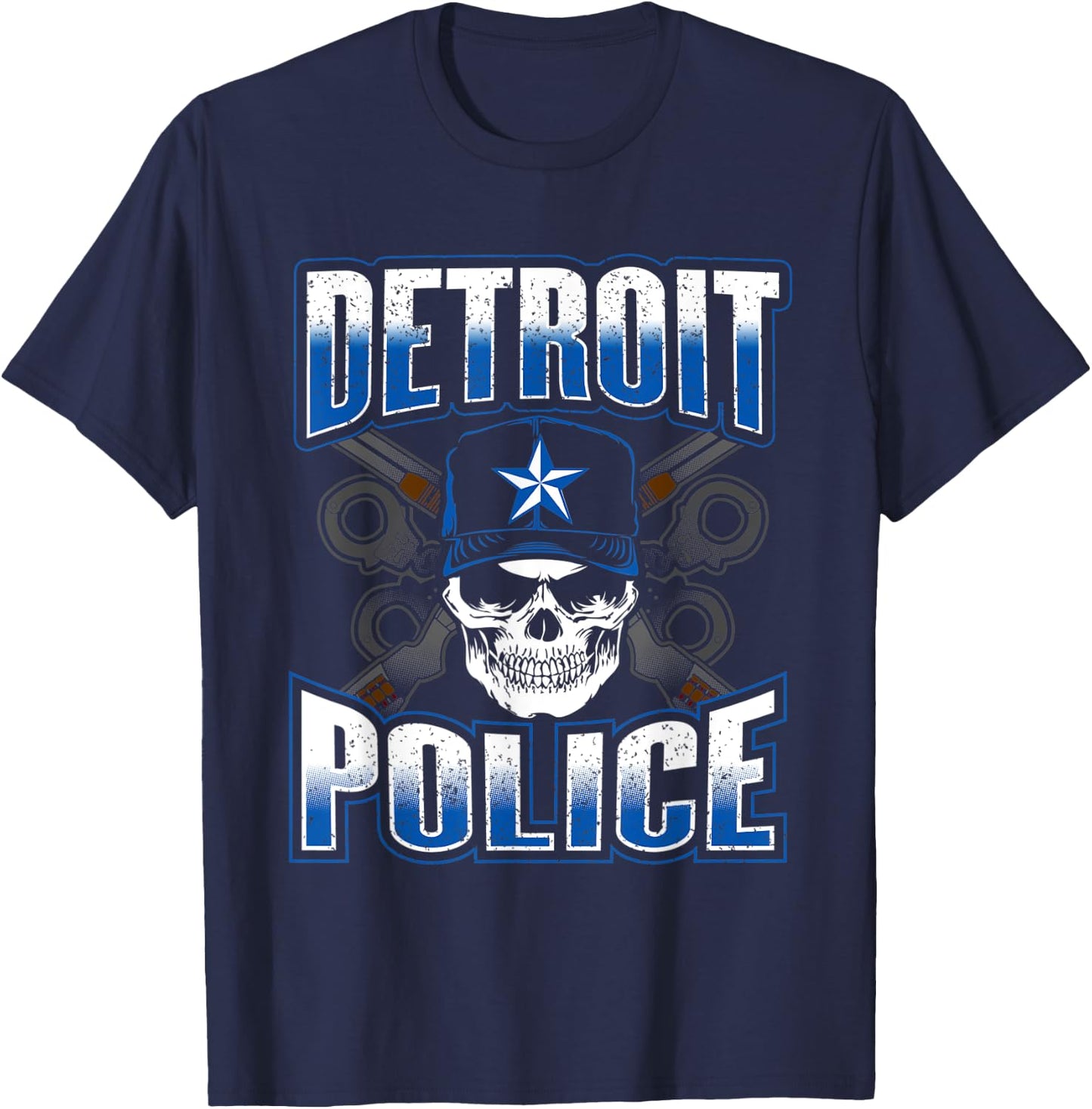Detroit Michigan PD Policeman Graphic Skull Guns Thin Blue T-Shirt - T-Shirt | Navy