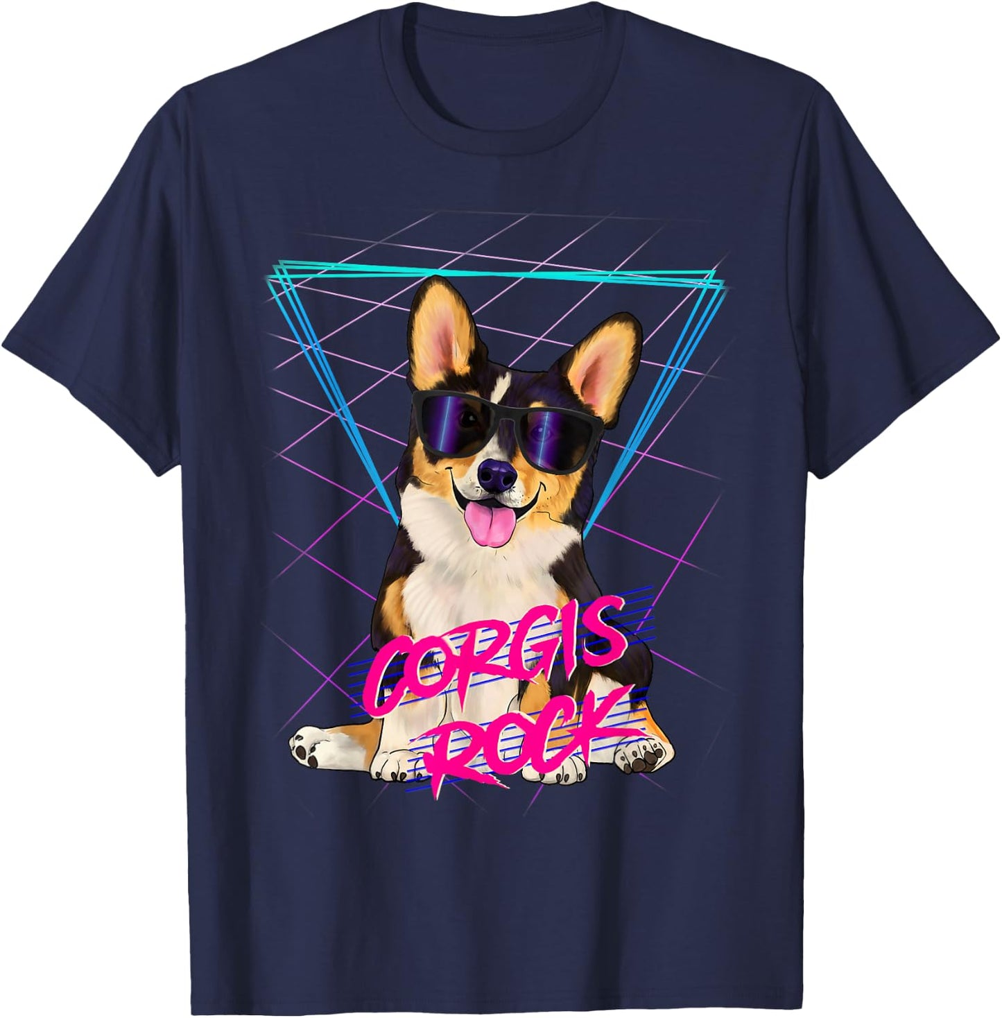 Corgis Rock - retro 80s corgi dog in sunglasses T-Shirt - T-Shirt | Navy