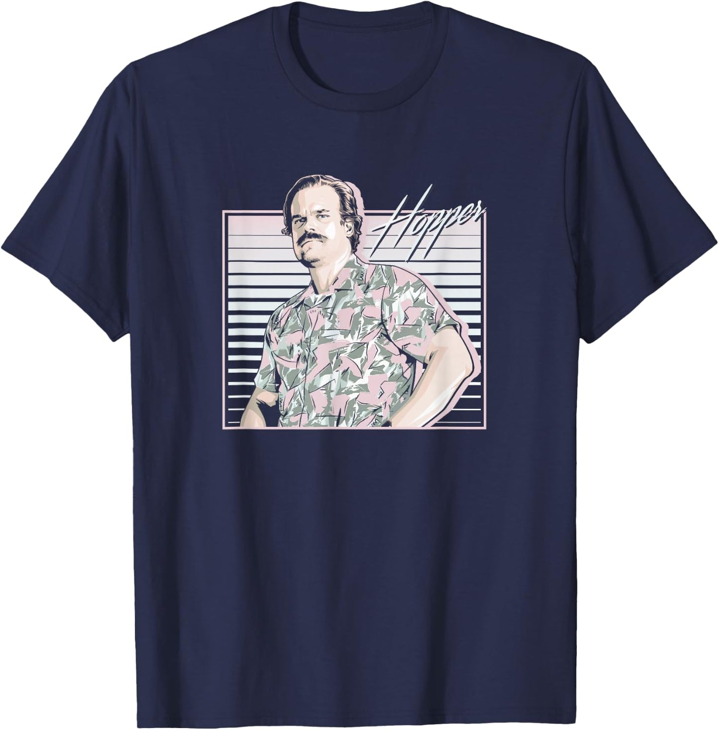 Stranger Things Hopper Hawaiian Shutter Background T-Shirt - T-Shirt | Navy